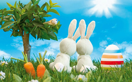 3d обои Два зайчика под солнышком наблюдают за певчей птичкой, рядом пасхальное яйцо и морковка  кролики