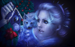 3d обои Сказочный образ снегурочки с лисенком на плече... ожидание нового года  лисы