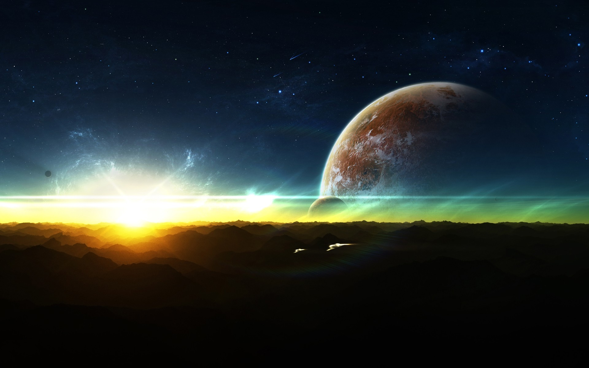 3d обои Рассвет на горизонте чужой планеты  космос # 45362
