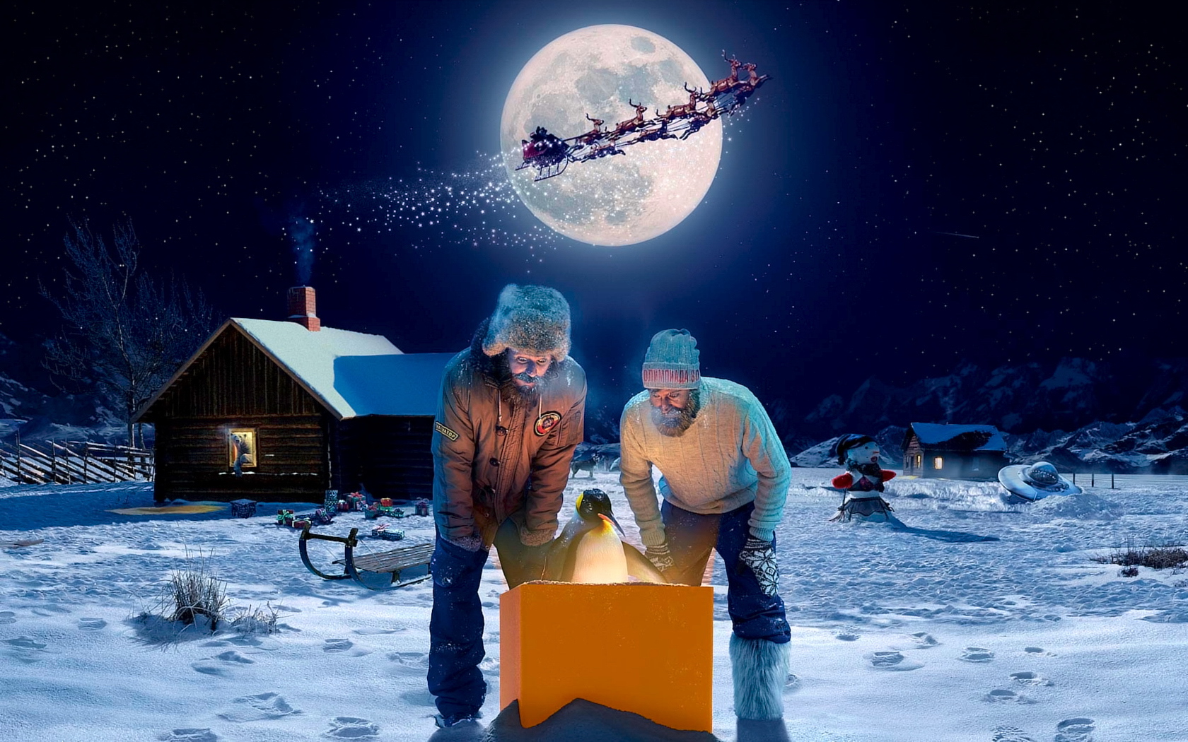 3d обои Двум мужичкам в подарок на рождество на северный полюс Санта Клаус прислал пингвина  снег # 80718