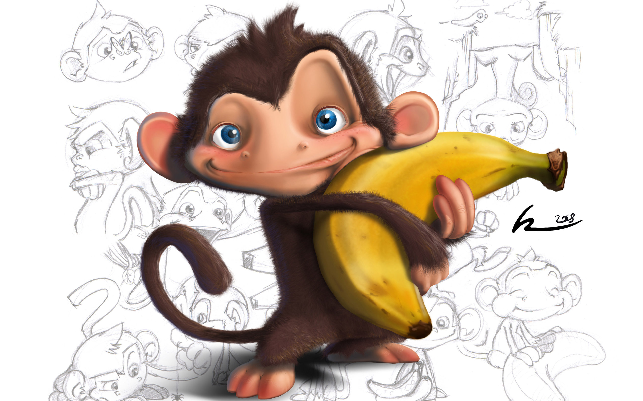 3d обои Счастливая мартышка с бананом  обезьяны # 67908
