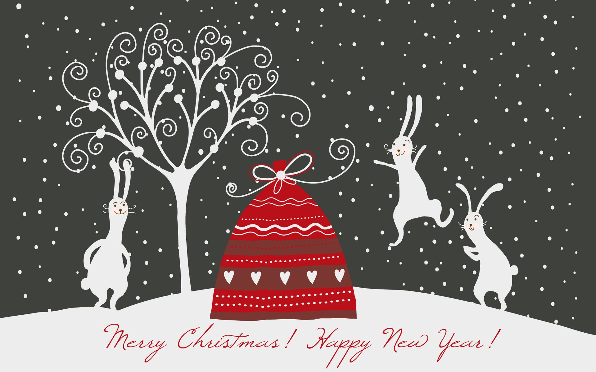 3d обои Зайцы скачут вокруг мешка с подарками (Marry Christmas! Happy New Year!)  кролики # 49071