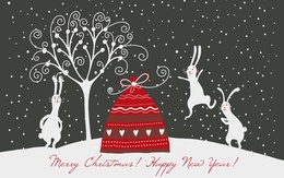 3d обои Зайцы скачут вокруг мешка с подарками (Marry Christmas! Happy New Year!)  зима
