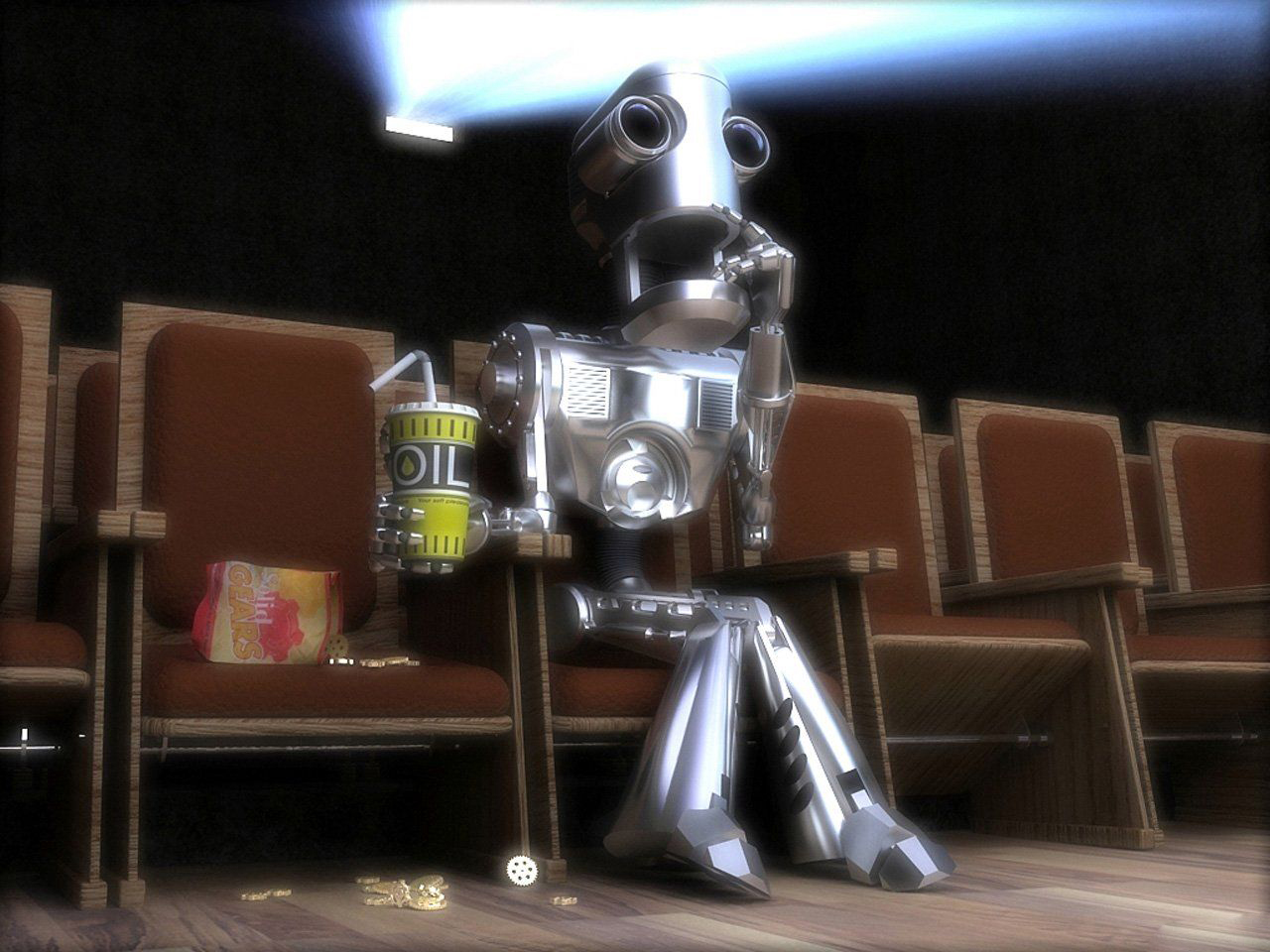 3d обои Робот с интересом смотрит кино и пьет Oil  кино # 44802