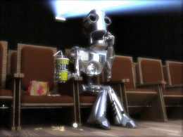 3d обои Робот с интересом смотрит кино и пьет Oil  роботы