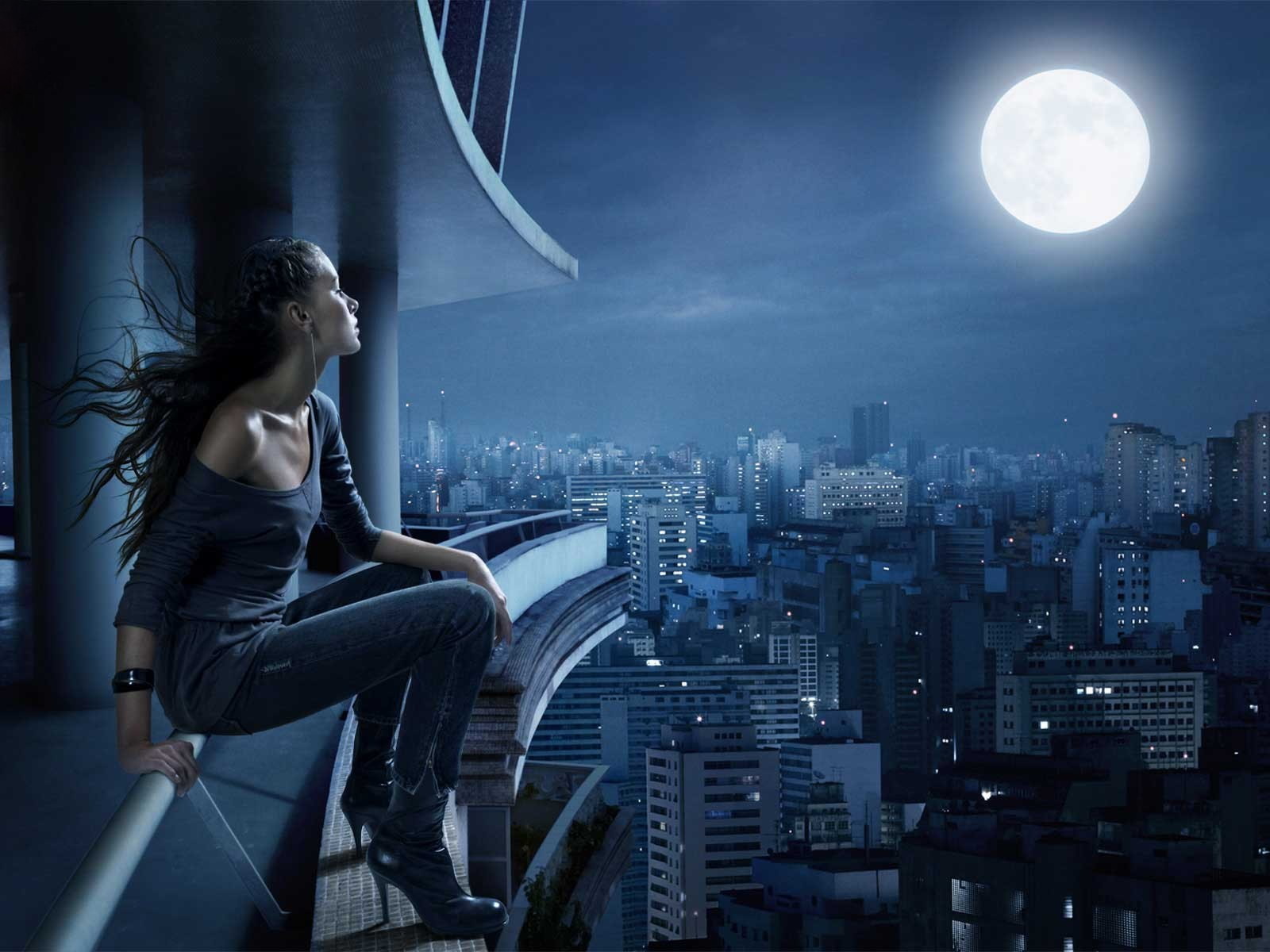 3d обои Девушка в наушниках сидит на крыше в полнолуние в мегаполисе  луна # 51508