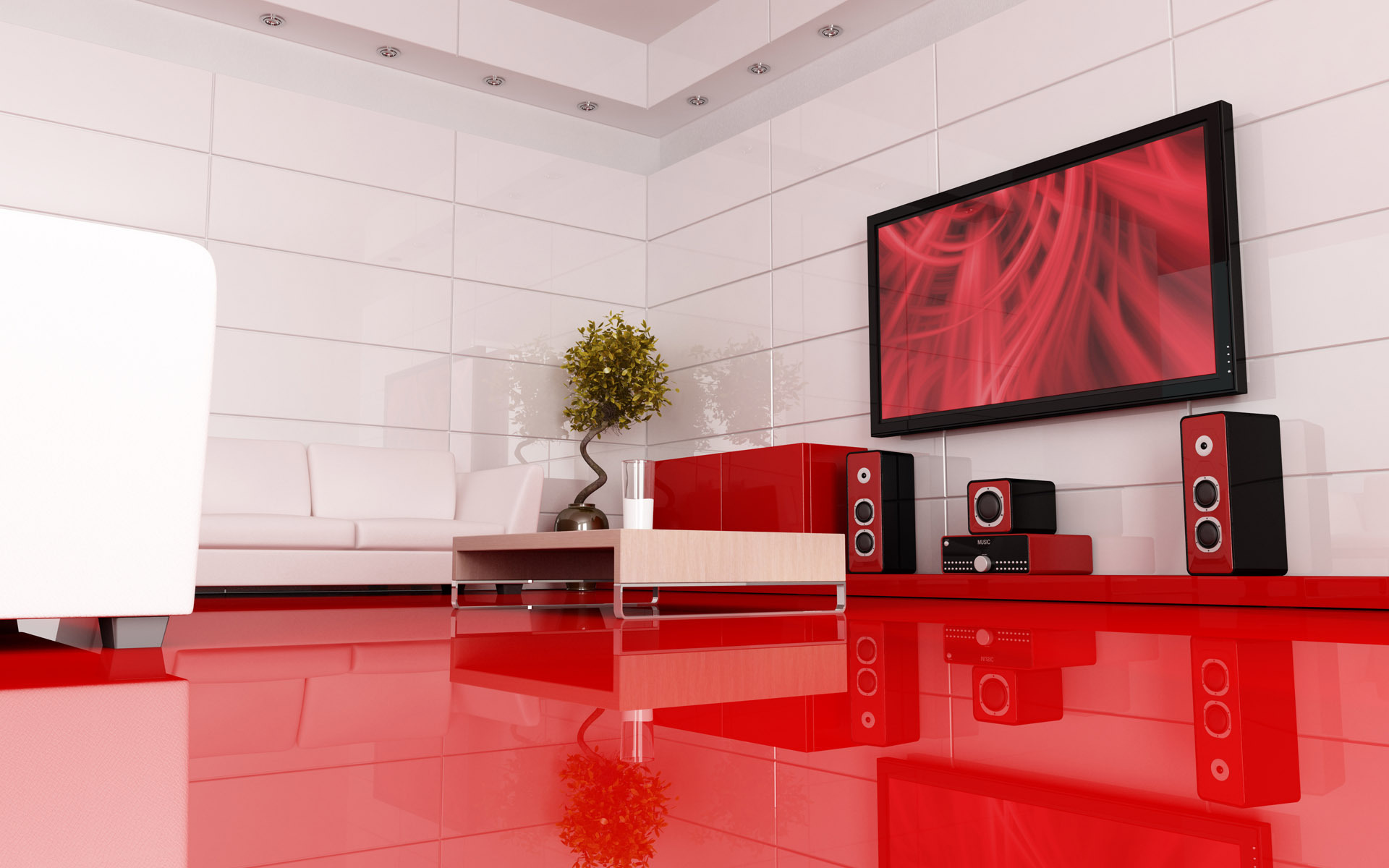 3d обои Визуализация красной комнаты с большим телевизором и аккустикой  техника # 83005