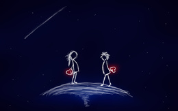 3d обои Мальчик и девочка держа за спиной сердца встретились на фоне падающий звезды и звездного неба  любовь