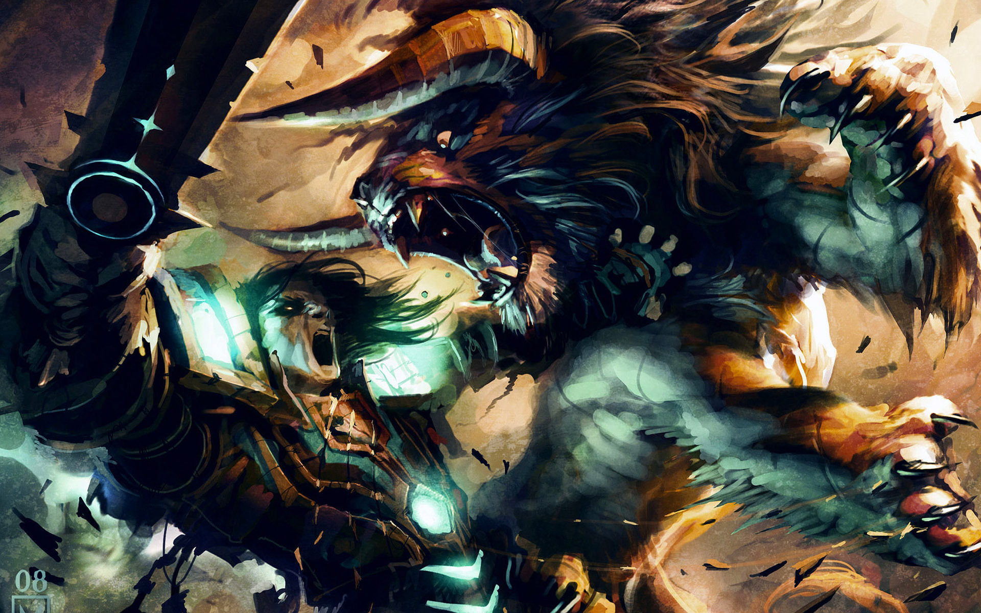 3d обои рисунок по мотивам игры World of Warcraft, бой друида с быком  эмоциональные # 89958