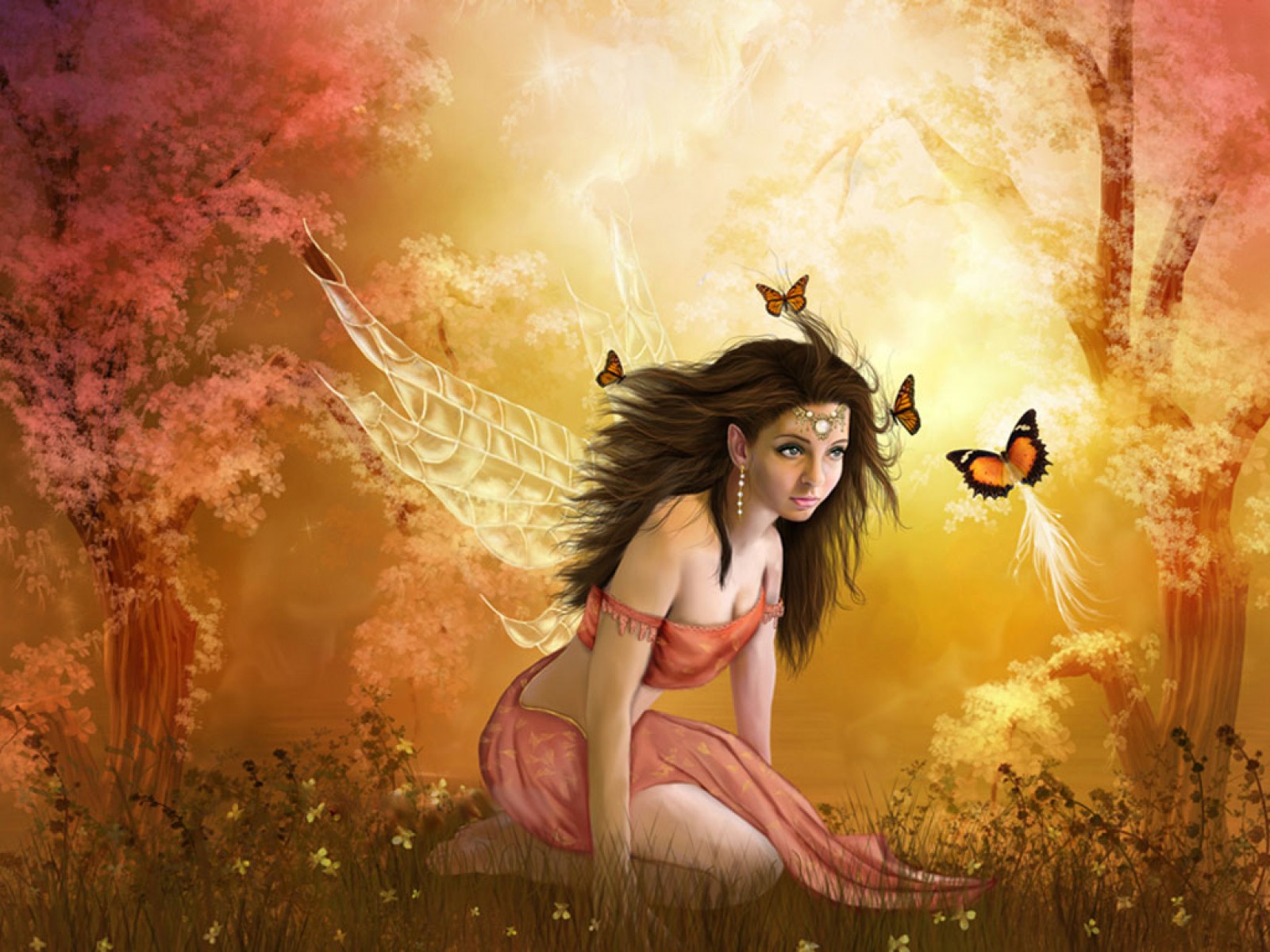 3d обои Фея сидит на лужайке и над ней кружатся бабочки...  бабочки # 20776