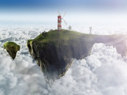 3d обои Маяк-мельница на летающем острове в облаках  сюрреализм