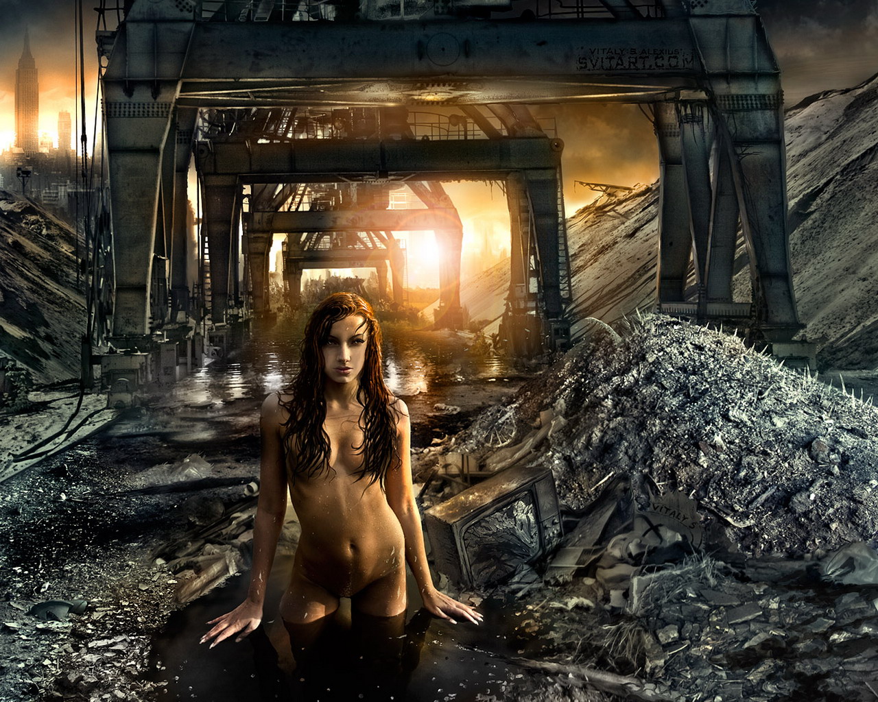 3d обои Девушка купается в грязной луже.. это все что осталось после взрыва....  солнце # 81801