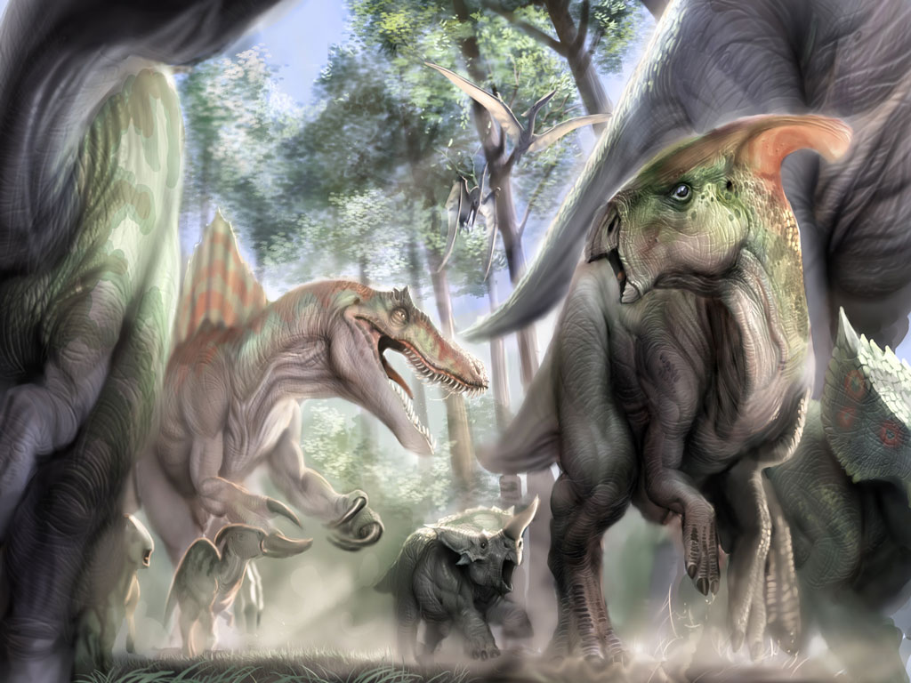 3d обои Доисторический мир... Нападение хищного динозавра на стадо травоядных  1024х768 # 240