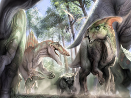 3d обои Доисторический мир... Нападение хищного динозавра на стадо травоядных  динозавры