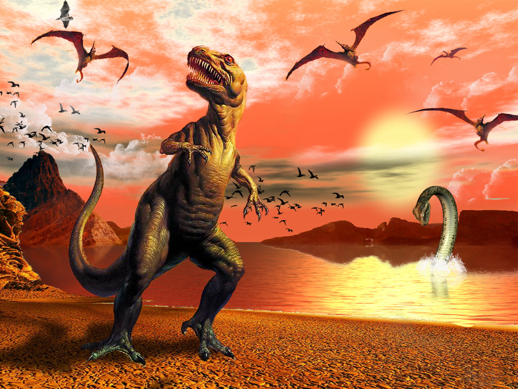 3d обои Три разновидности динозавров:сухопутный хищник,летающий и ящер на воде  1024х768 # 236