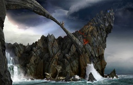 3d обои Схватка героя с монстром на перешейке между горами(игра Готика)  драконы