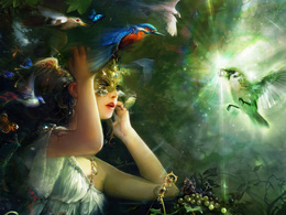 3d обои Вокруг девочки в маске  вьются бабочки и летают птички,а одна из них принесла в клюве волшебное кольцо  листья