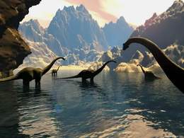 3d обои Стадо динозавров в горном озере  динозавры
