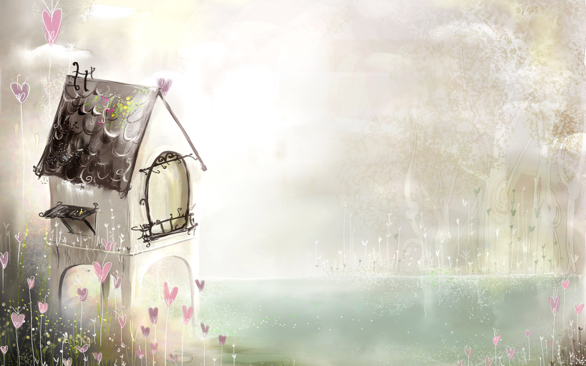 3d обои Милый маленький нарисованный домик  сердечки # 79835