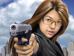 3d обои Девушка в очках с пистолетом Ruger на фоне неба города  милитари