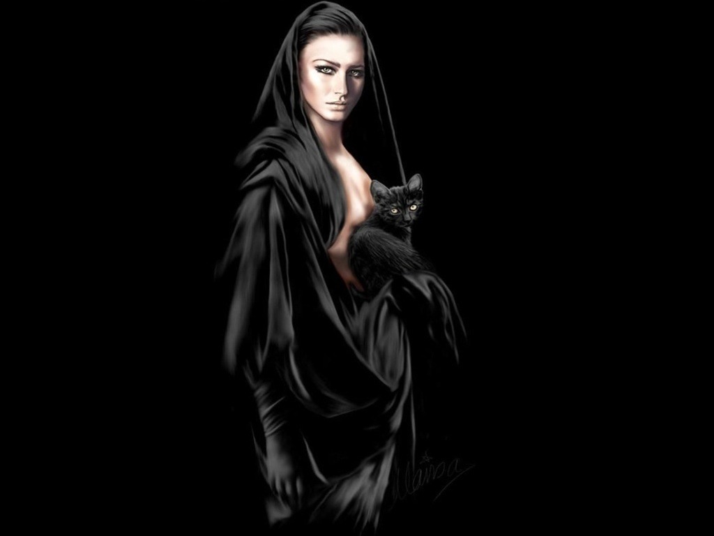 3d обои Девушка в чёрном одеянии с чёрной кошкой  на чёрном фоне  1024х768 # 146