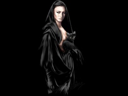 3d обои Девушка в чёрном одеянии с чёрной кошкой  на чёрном фоне  1024х768