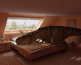 3d обои Динозавр Рекс лежит на кровати  динозавры