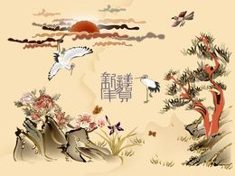 3d обои Японский мотив - журавли ворона и иероглиф  знаки