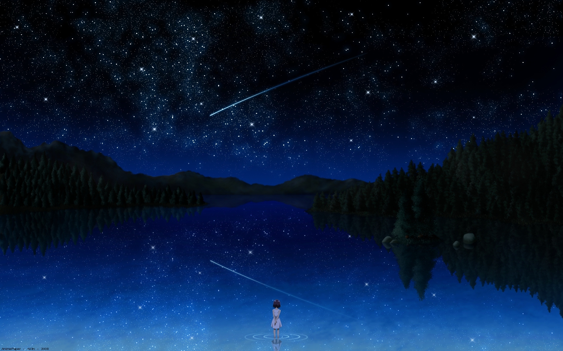 3d обои Девочка смотрит на падающую звезду ночью у озера в звездном небе  ночь # 67646