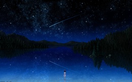3d обои Девочка смотрит на падающую звезду ночью у озера в звездном небе  космос