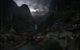 3d обои Маленький городок в горах (Китай)  ночь