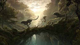 3d обои Девушка бежит по лесу вместе с львами  1280х720