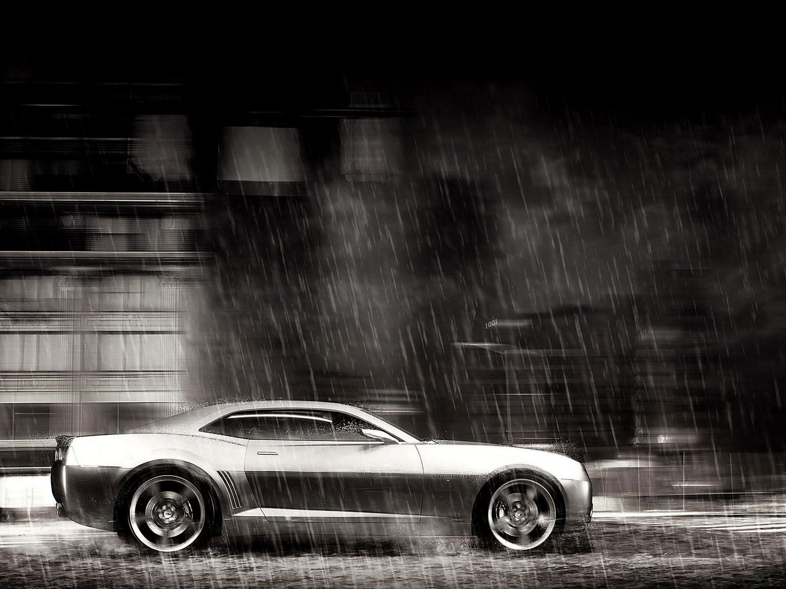 3d обои Серебристый автомобиль мчится под ливнем  дождь # 34505