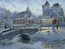 3d обои Рождество в красивом городке  снег