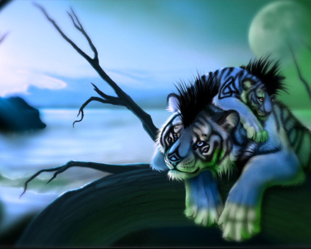 3d обои Синие тигр с тигрёнком на берегу реки  тигры # 83287