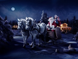 3d обои Дед Мороз и снегурочка едут на санях развозить подарки  луна