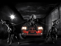 3d обои Красавица на красной машине держит в руках цепи на которых злые доберманы (AVENGER)  собаки