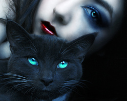 3d обои Девушка с чёрным котом  кошки