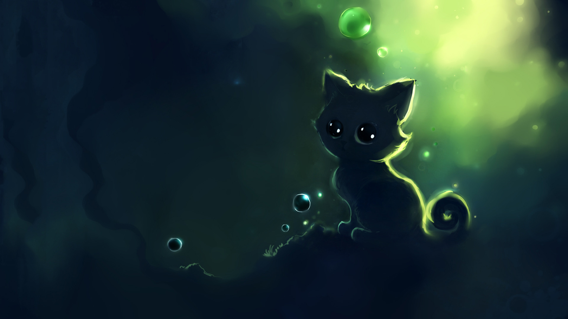 3d обои Котенок в зеленом свете среди пузырьков  милые # 54295