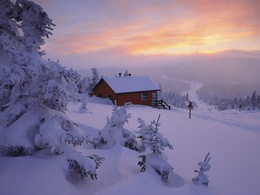 3d обои Деревянный домик в заснеженной глуши  зима