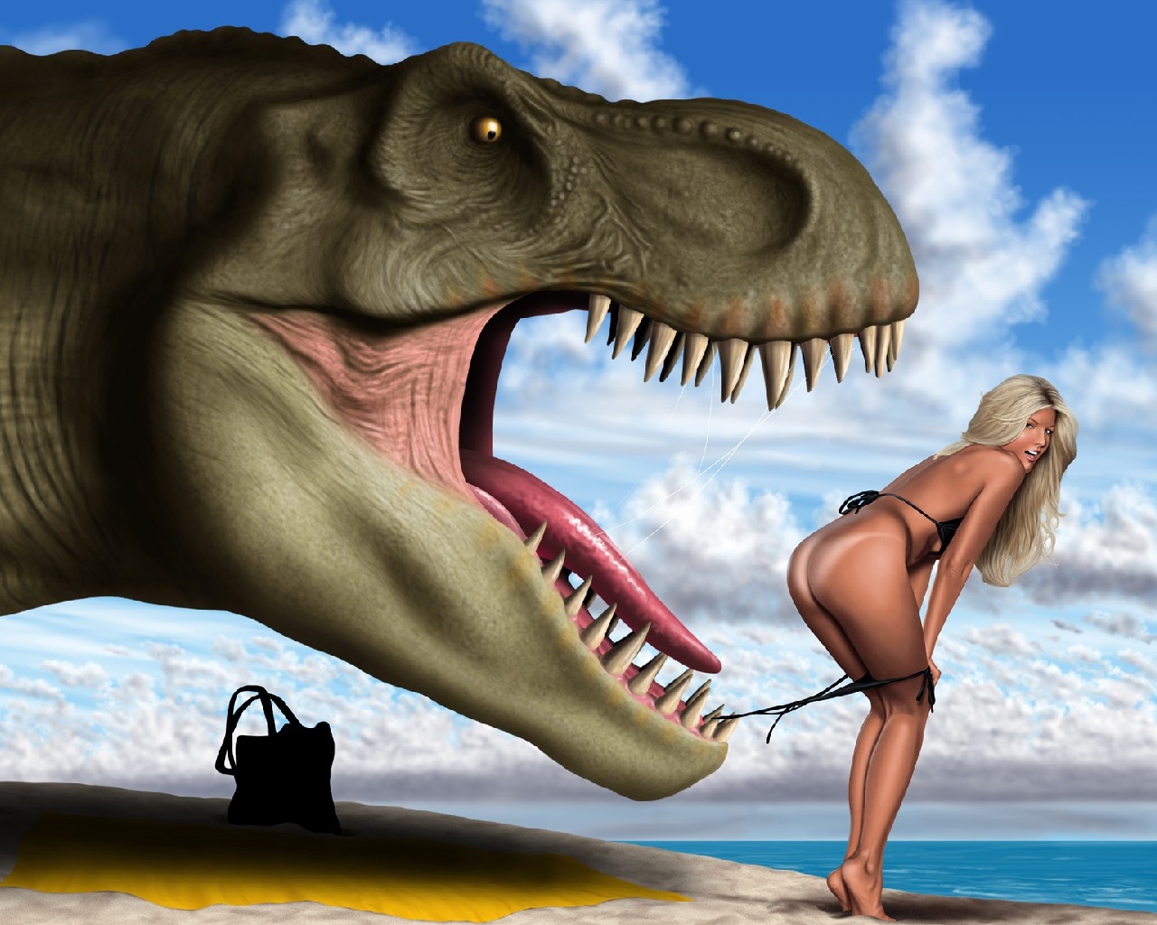 3d обои Динозавр стянул с девушки трусики  динозавры # 34242