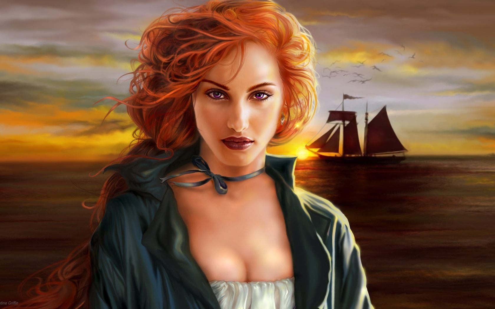 3d обои Девушка с рыжими волосами на фоне заката  корабли # 45112