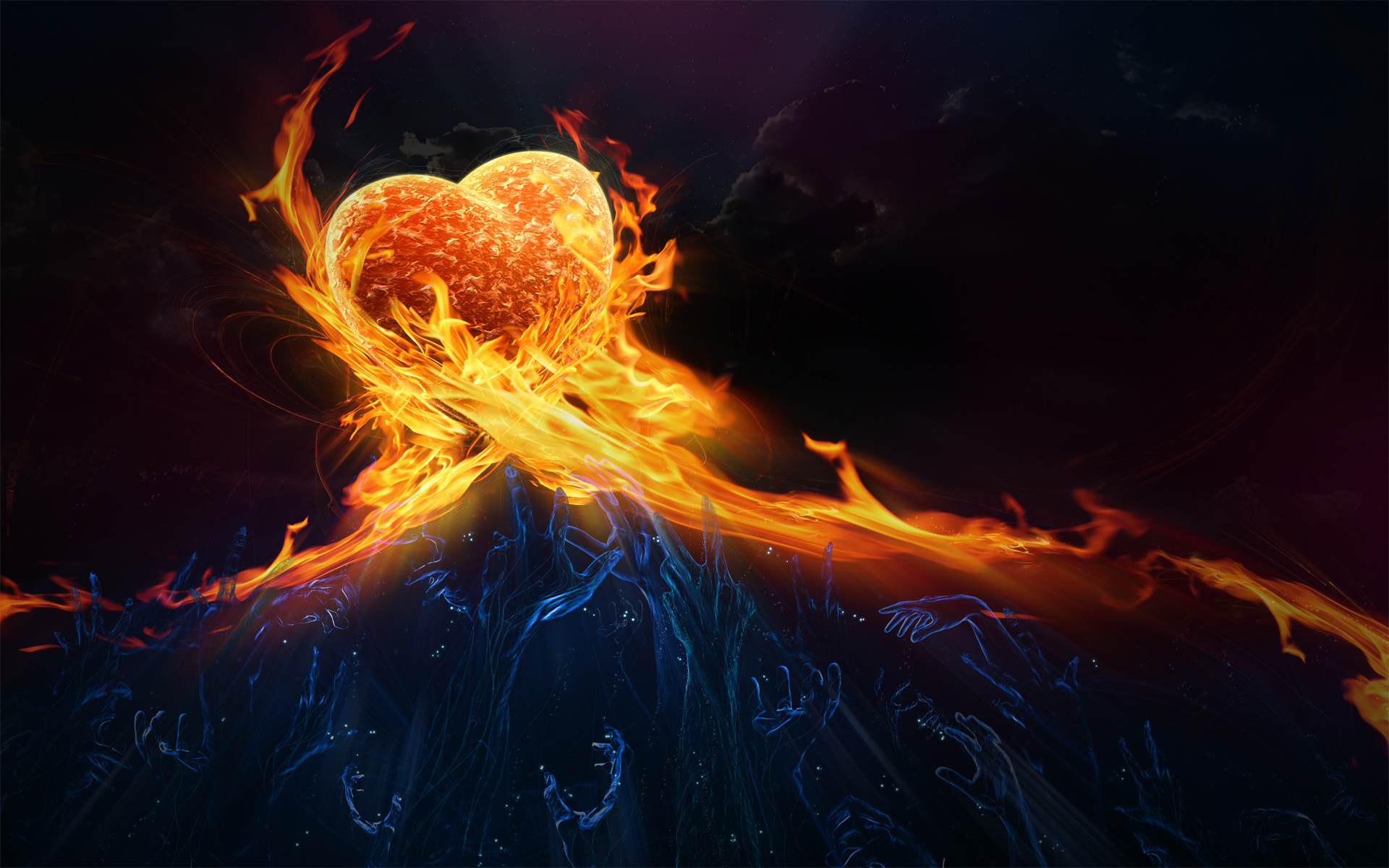 3d обои К огненному сердцу тянутся ледяные руки  сердечки # 79811