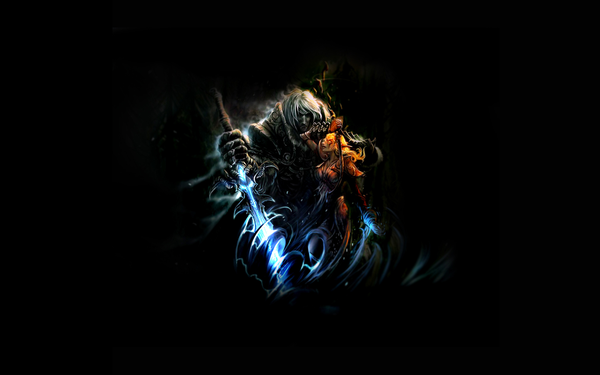 3d обои Воин с магическим мечем обнимает эльфийку с луком Warcraft  фэнтези # 85180