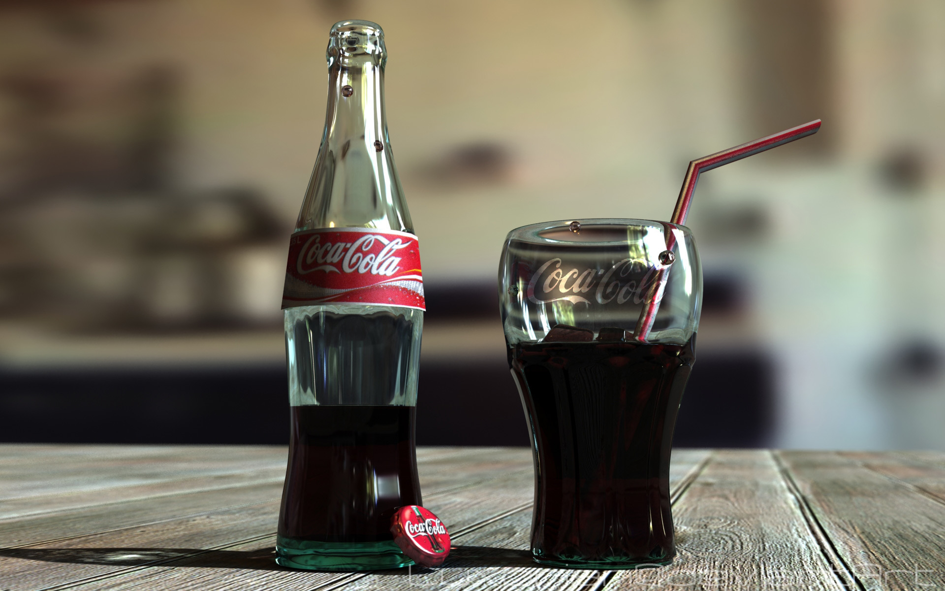 3d обои Стеклянная бутылка Кока-колы / Coca-cola, и стакан с полосатой трубочкой на деревянном столе  бренд # 21065
