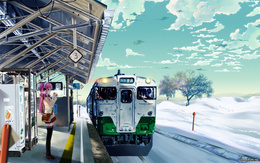 3d обои Школьница на платформе зимой и прибывающий поезд (3)  зима