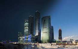 3d обои Небо переходит из дня в ночь над небоскребами Москва-сити  в Москве, Россия  ретушь