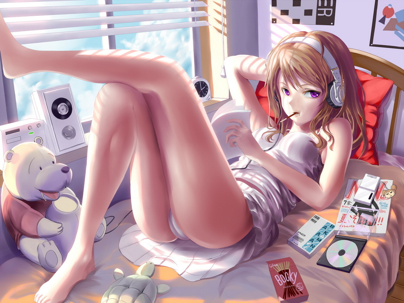 3d обои Девушка в своей комнате слушает музыку через наушники  техника # 83049