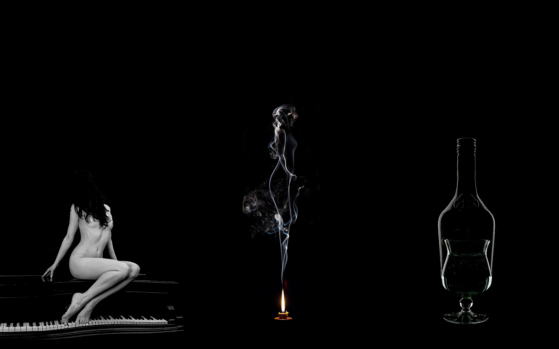 3d обои Голая девушка на пианино, дым от свечи в виде девушки и бокал с бутылкой  огонь # 68111
