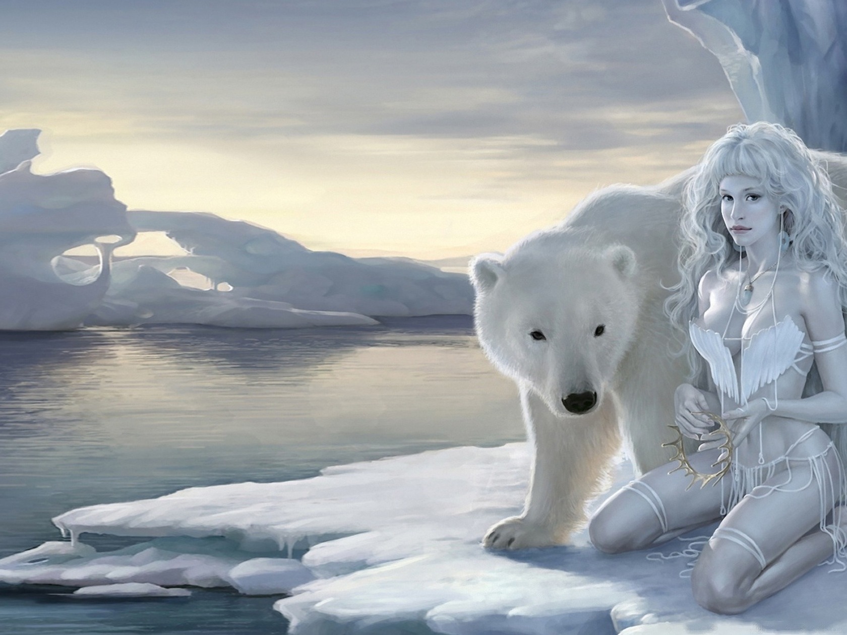 3d обои Снежная королева сидит на льдине с белым медведем  снег # 80632